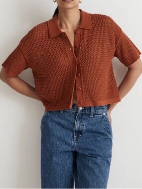 Madewell Crochet Button Down Sweater Tee in Afterglow Red Coastal Large